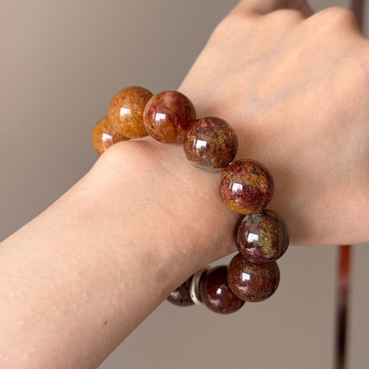 Yellow Rabbit Hair Quartz, Rabbit Hair Quartz & Tree Flower Agate Crystal Bracelet — soft radiance, One of a Kind