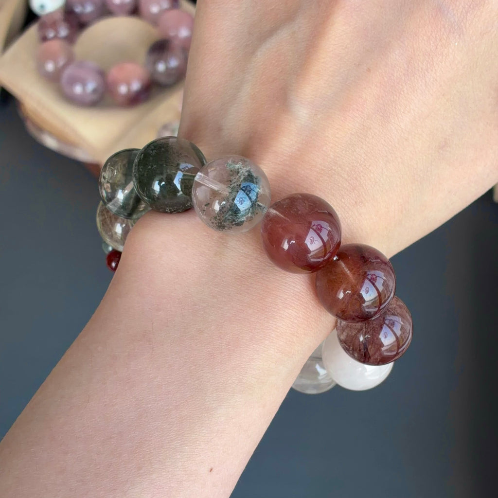Rabbit Hair Quartz, Phantom Quartz & Tree Flower Agate Crystal Bracelet — quiet warmth, One of a Kind