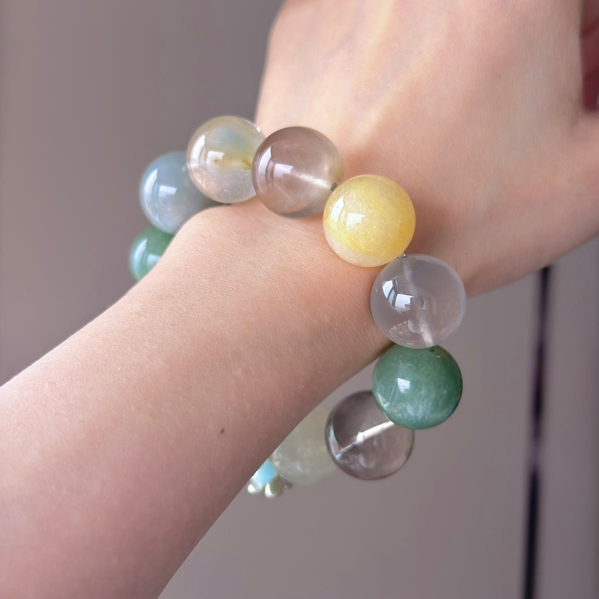Multicolor Rabbit Hair Quartz & Yellow Rabbit Hair Quartz Crystal Bracelet — soft radiance, One of a Kind