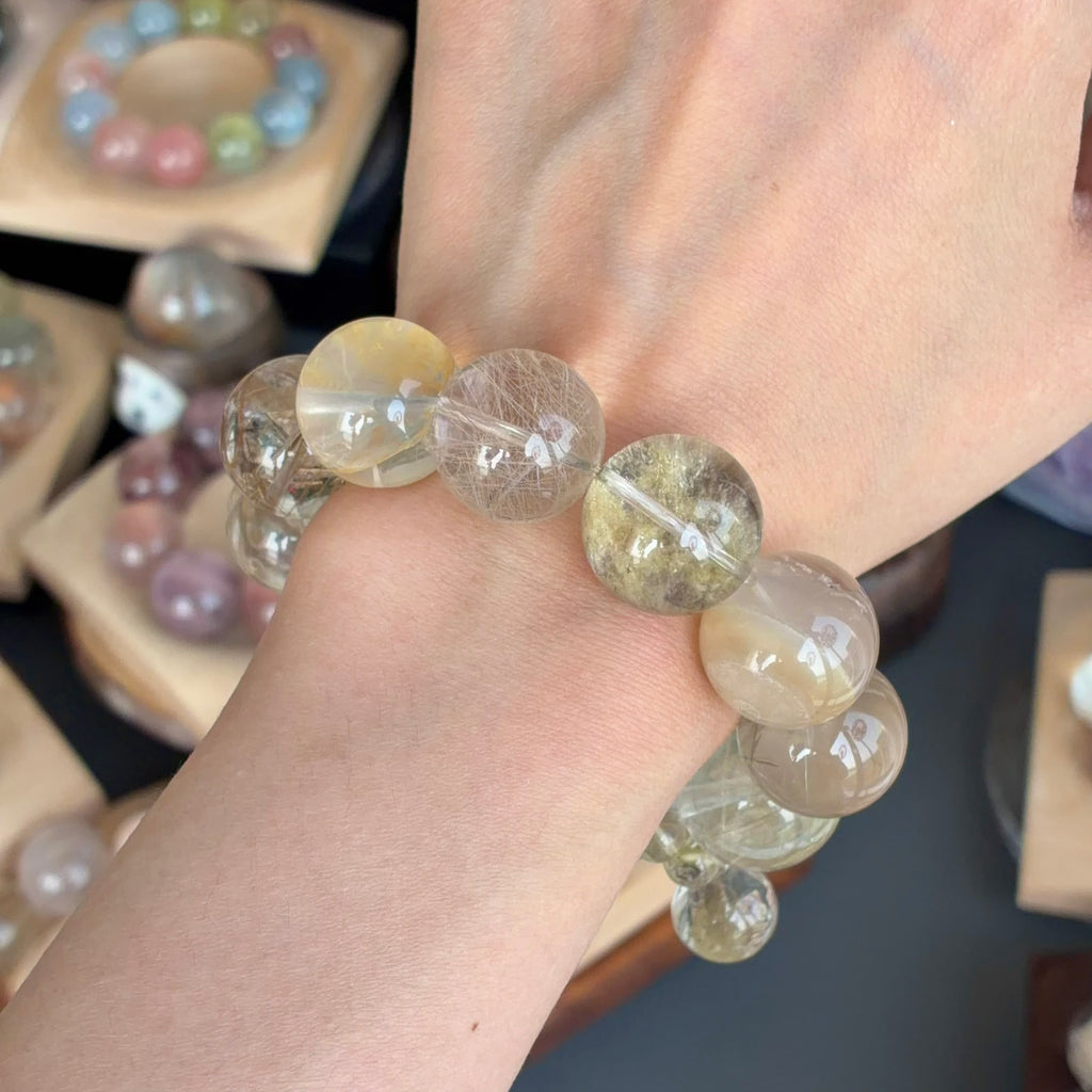 Yellow Rabbit Hair Quartz & Phantom Quartz Crystal Bracelet — quiet warmth, One of a Kind