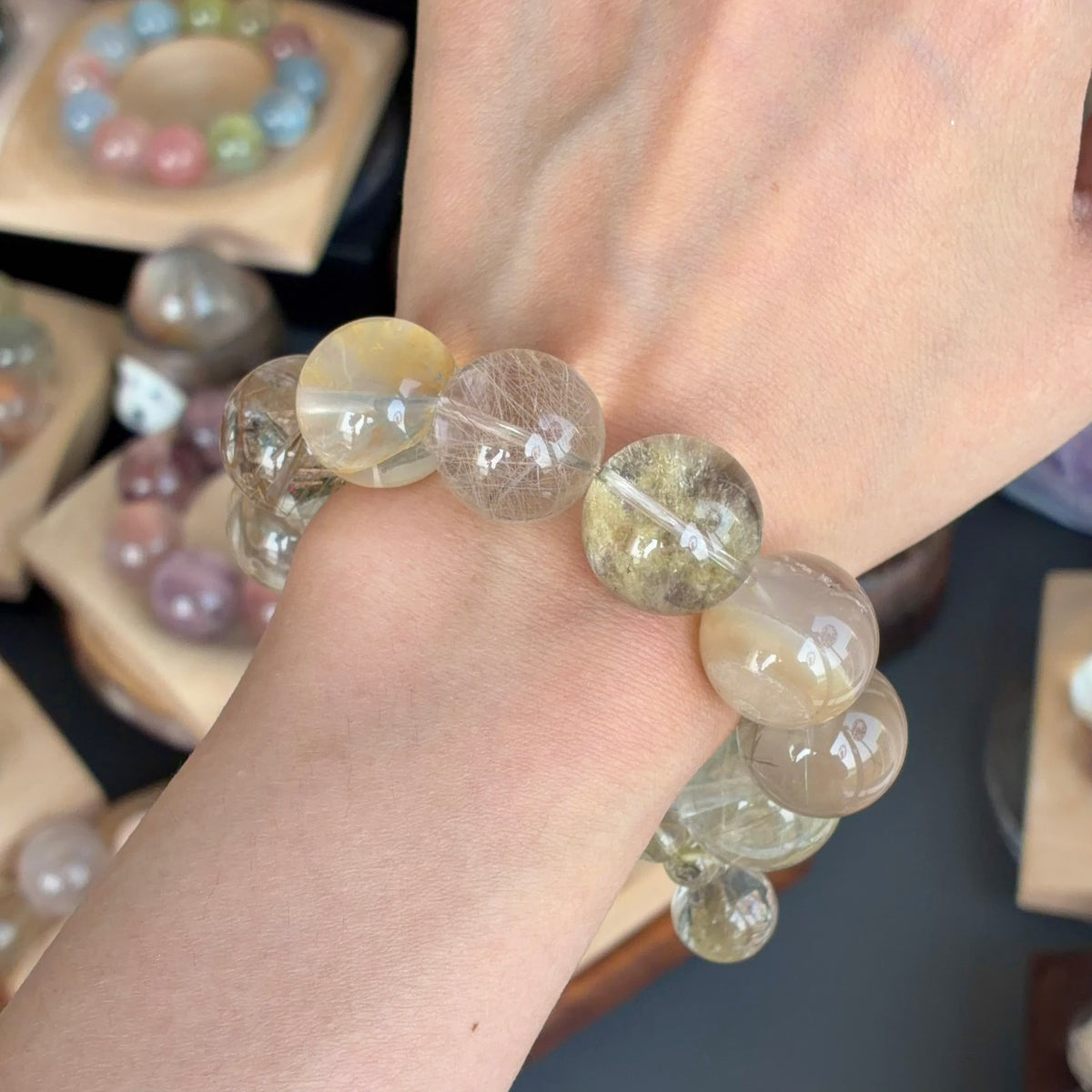 Yellow Rabbit Hair Quartz & Phantom Quartz Crystal Bracelet — quiet warmth, One of a Kind