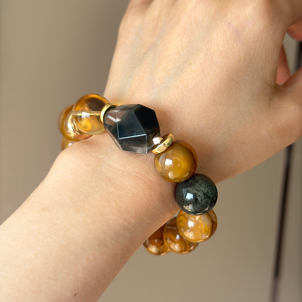 Yellow Flower Agate & Phantom Quartz Crystal Bracelet — quiet warmth, One of a Kind