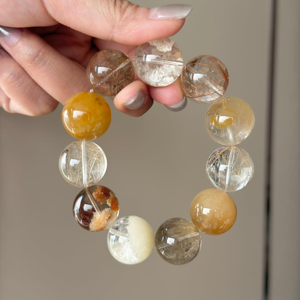 Golden Rutilated Quartz, Yellow Rabbit Hair Quartz & Phantom Quartz Crystal Bracelet — quiet warmth, One of a Kind