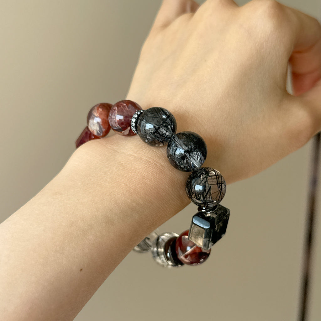 Rabbit Hair Quartz, Red Flower Agate & Black Rutilated Quartz Crystal Bracelet — quiet warmth, One of a Kind
