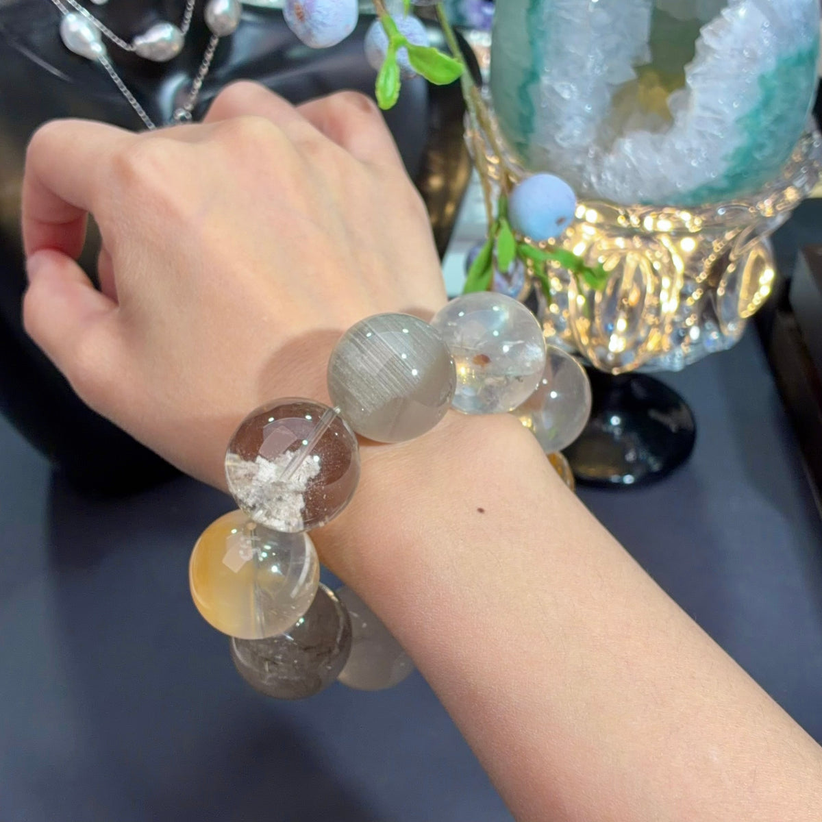 Yellow Rabbit Hair Quartz & Milk-Tea Grey Phantom Quartz Crystal Bracelet — quiet warmth, One of a Kind