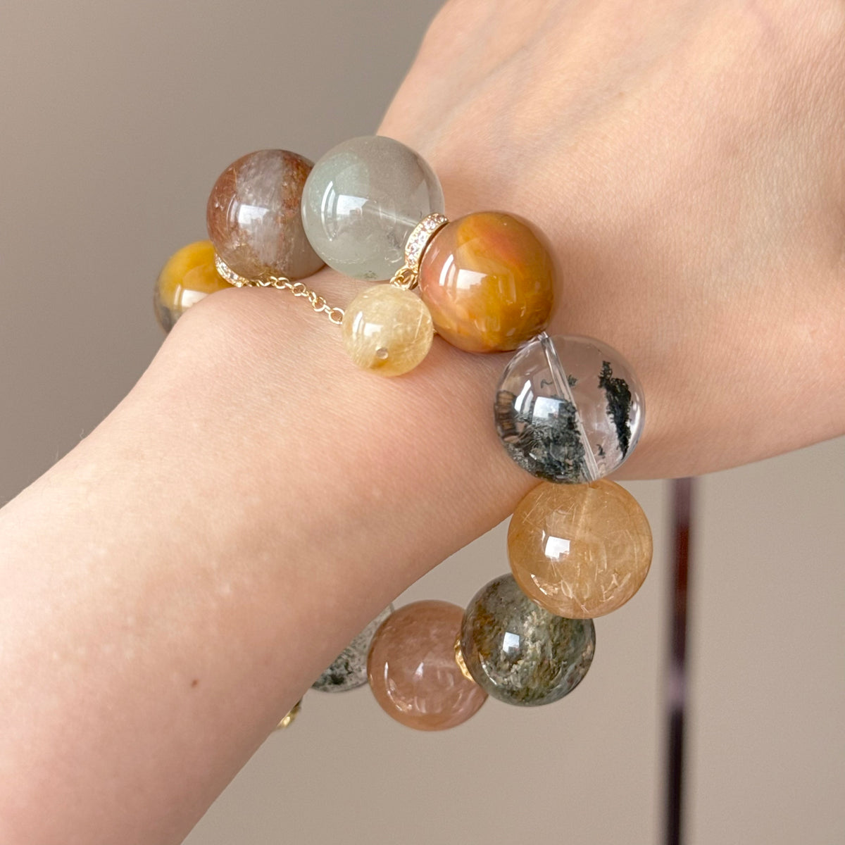 Phantom Quartz, Golden Rutilated Quartz & Yellow Rabbit Hair Quartz Crystal Bracelet — quiet warmth, One of a Kind