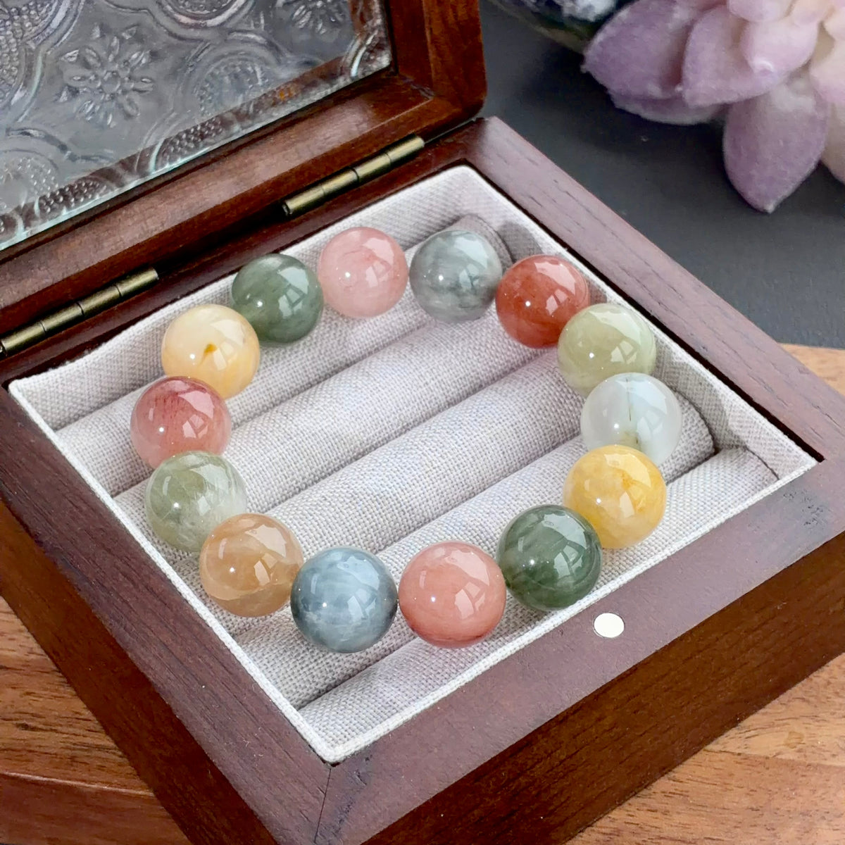 Multicolor Rabbit Hair Quartz Crystal Bracelet — natural character, One of a Kind