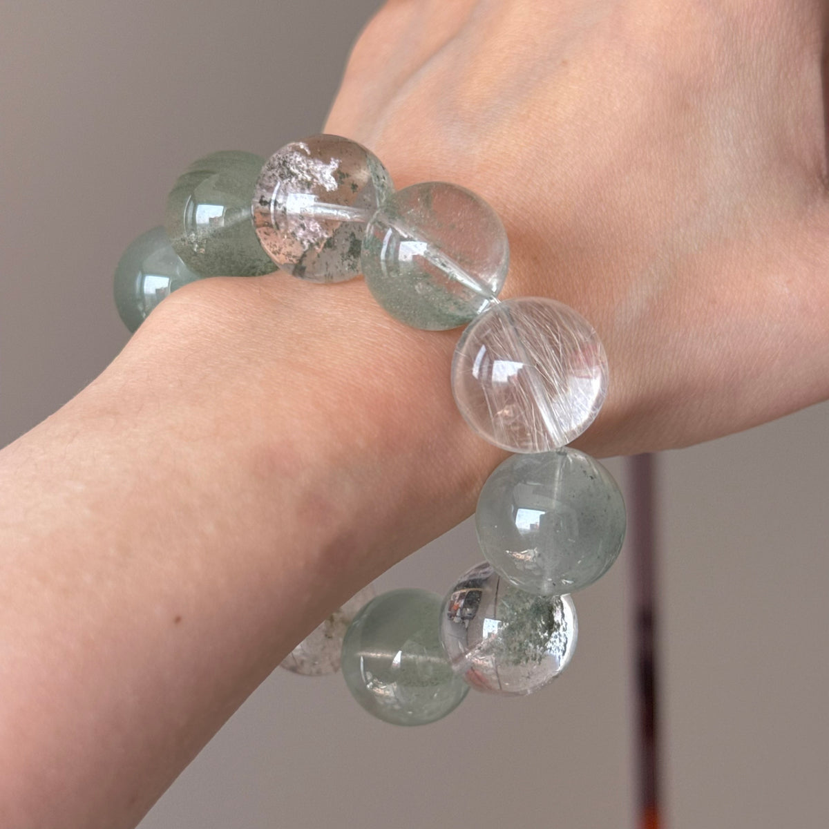 Phantom Quartz, Golden Rutilated Quartz & Rabbit Hair Quartz Crystal Bracelet — quiet warmth, One of a Kind