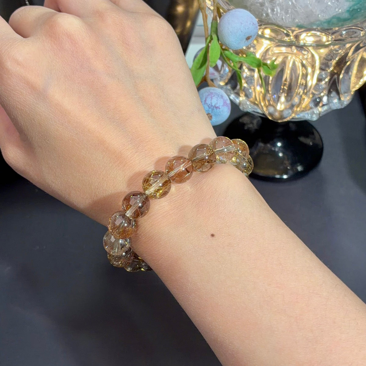 Copper Rutilated Quartz & Devil Silver Rutile Crystal Bracelet — natural character, One of a Kind