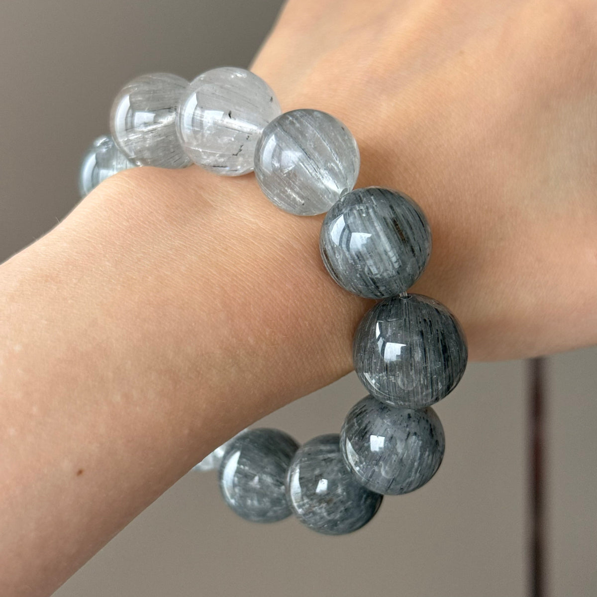 Rabbit Hair Quartz & Natural Jade Crystal Bracelet — natural character, One of a Kind