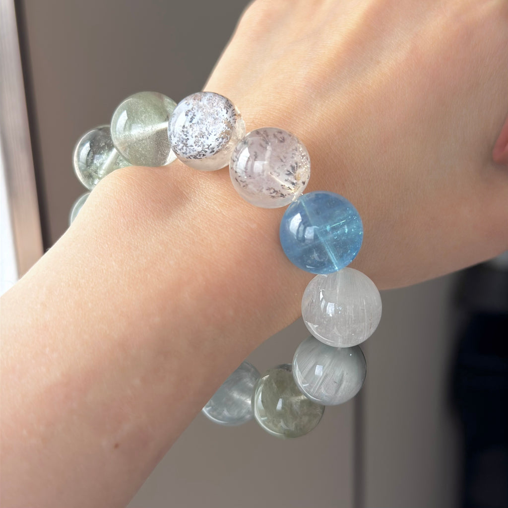 Tree Flower Agate & Phantom Quartz Crystal Bracelet — quiet warmth, One of a Kind