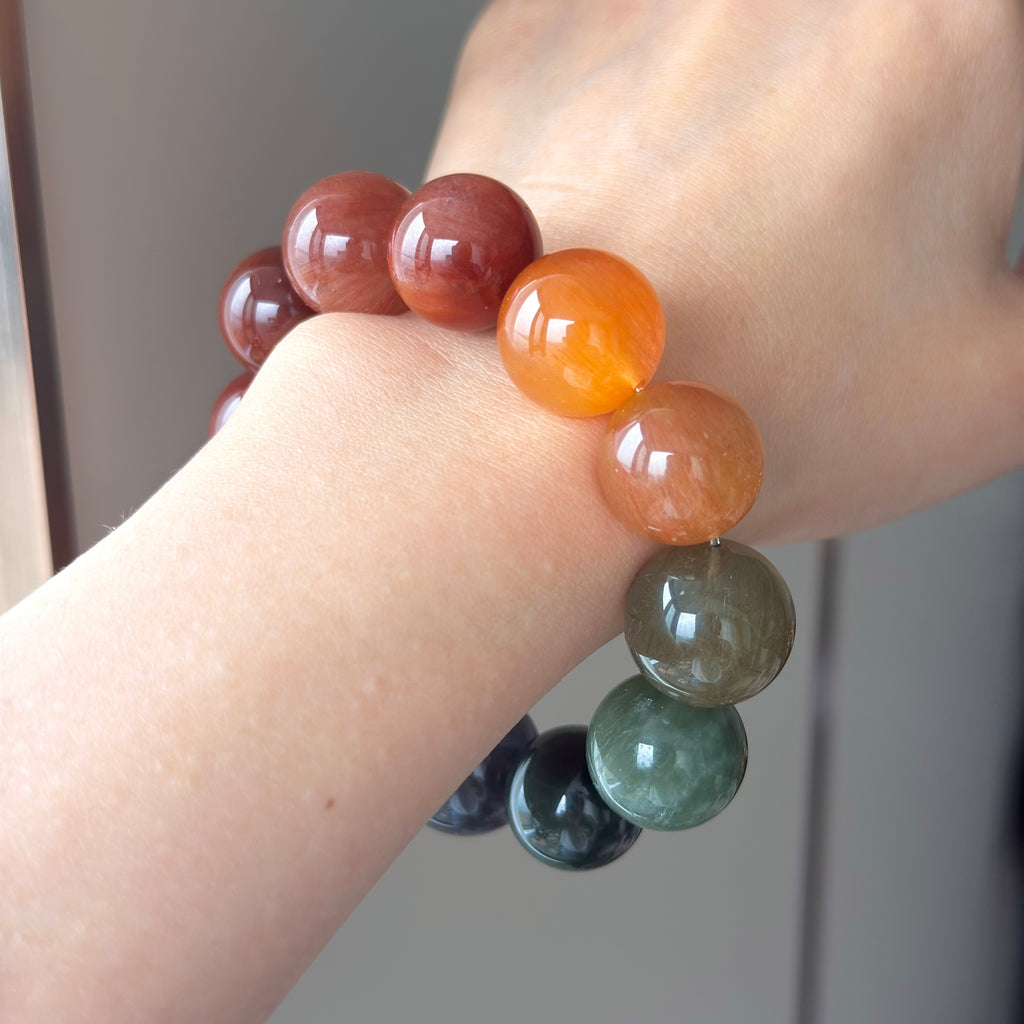 Multicolor Rabbit Hair Quartz, Rabbit Hair Quartz & Yellow Rabbit Hair Quartz Crystal Bracelet — soft radiance, One of a Kind