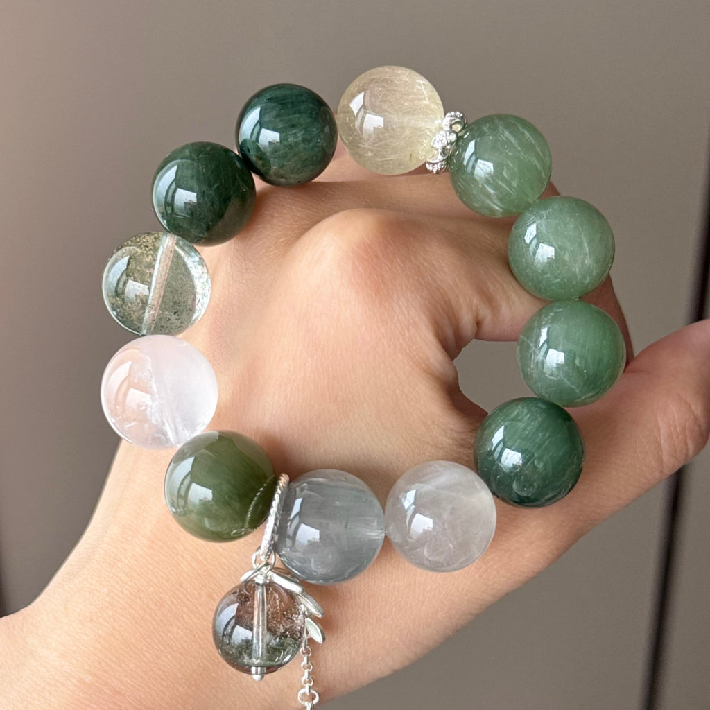 Rabbit Hair Quartz, Golden Rutilated Quartz & Phantom Quartz Crystal Bracelet — quiet warmth, One of a Kind