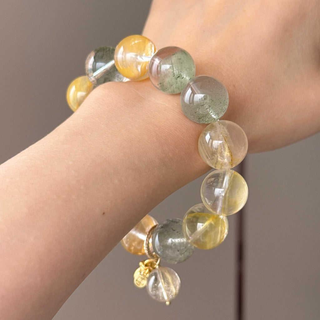 Tree Flower Agate, Yellow Flower Agate & Phantom Quartz Crystal Bracelet — quiet warmth, One of a Kind