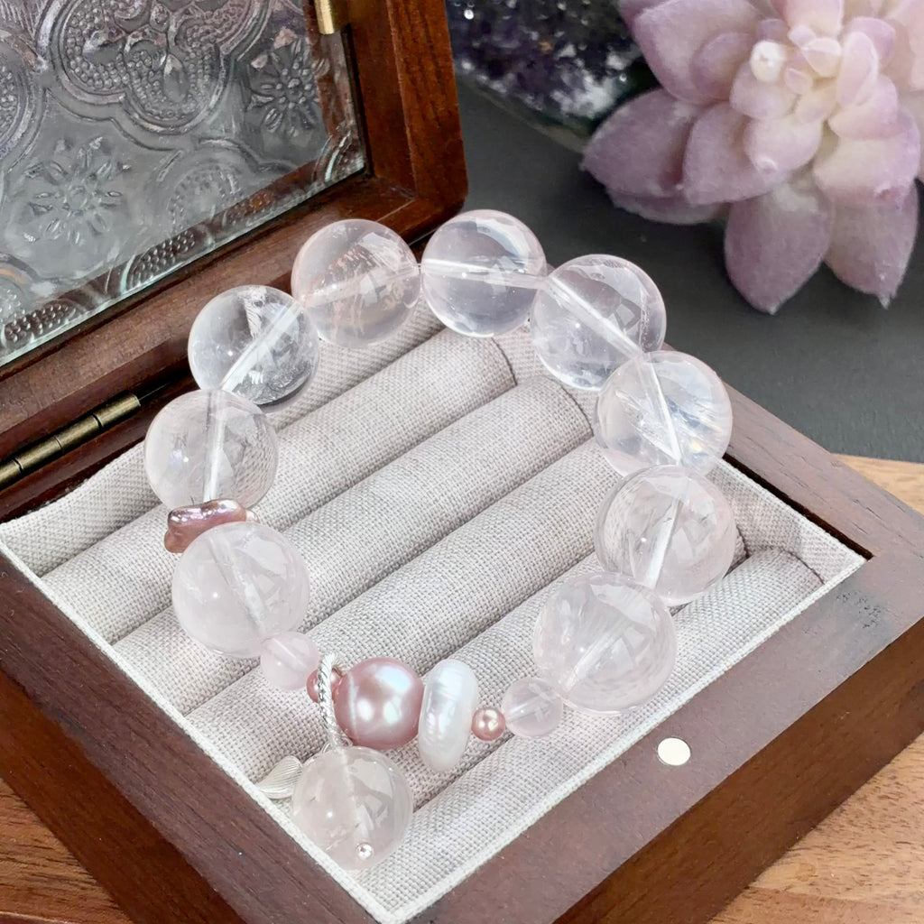 Flower Agate & Pearl Crystal Bracelet — natural character, One of a Kind