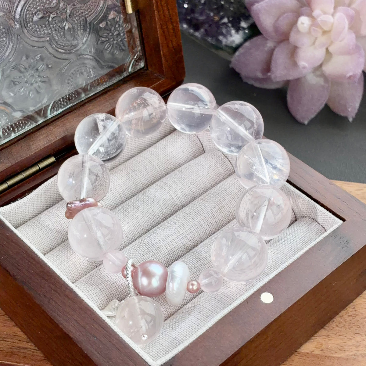 Flower Agate & Pearl Crystal Bracelet — natural character, One of a Kind