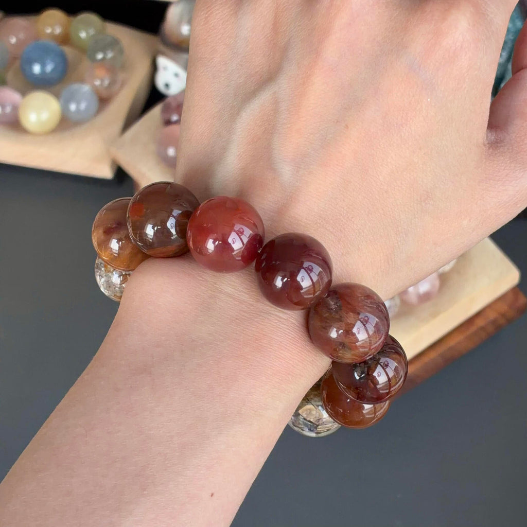 Rabbit Hair Quartz & Phantom Quartz Crystal Bracelet — quiet warmth, One of a Kind