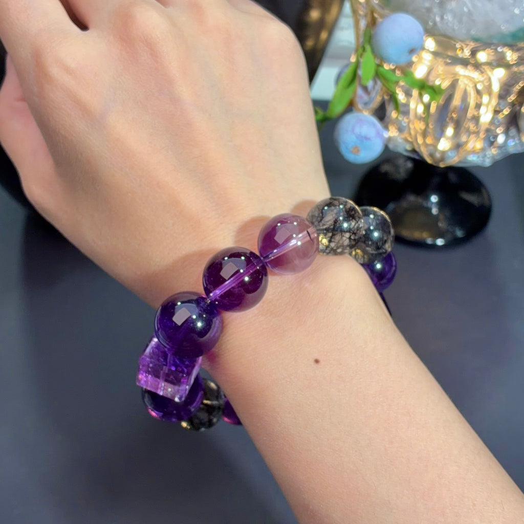 Super Seven, Brazilian Amethyst & Black Rutilated Quartz Crystal Bracelet — gentle glow, One of a Kind