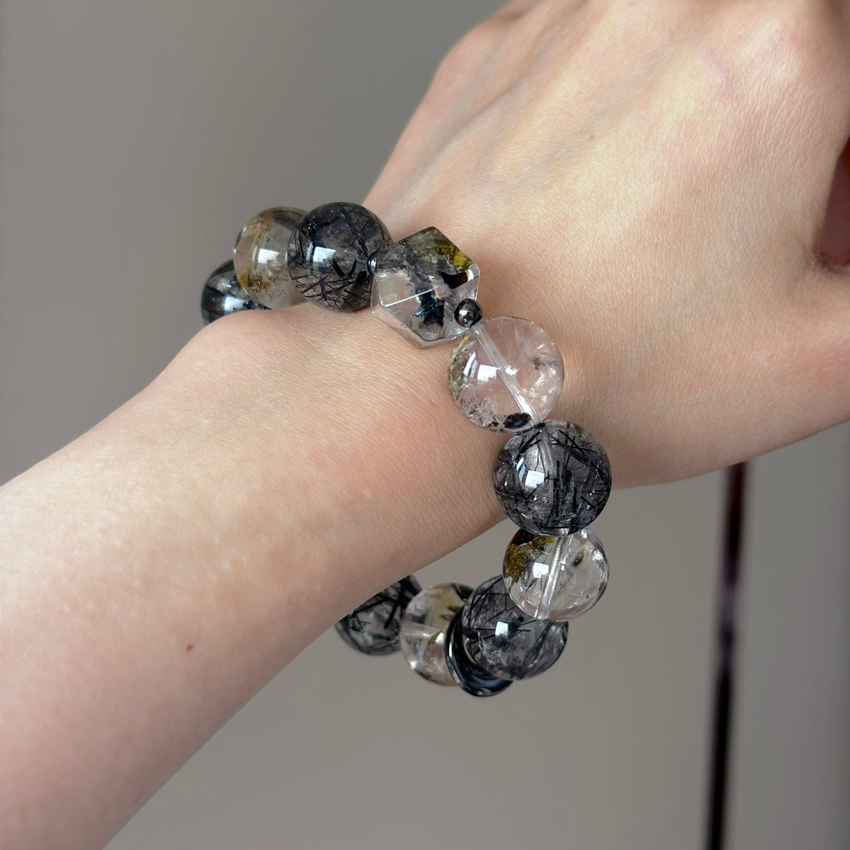 Black-Gold Auralite & Black Rutilated Quartz Crystal Bracelet — natural character, One of a Kind