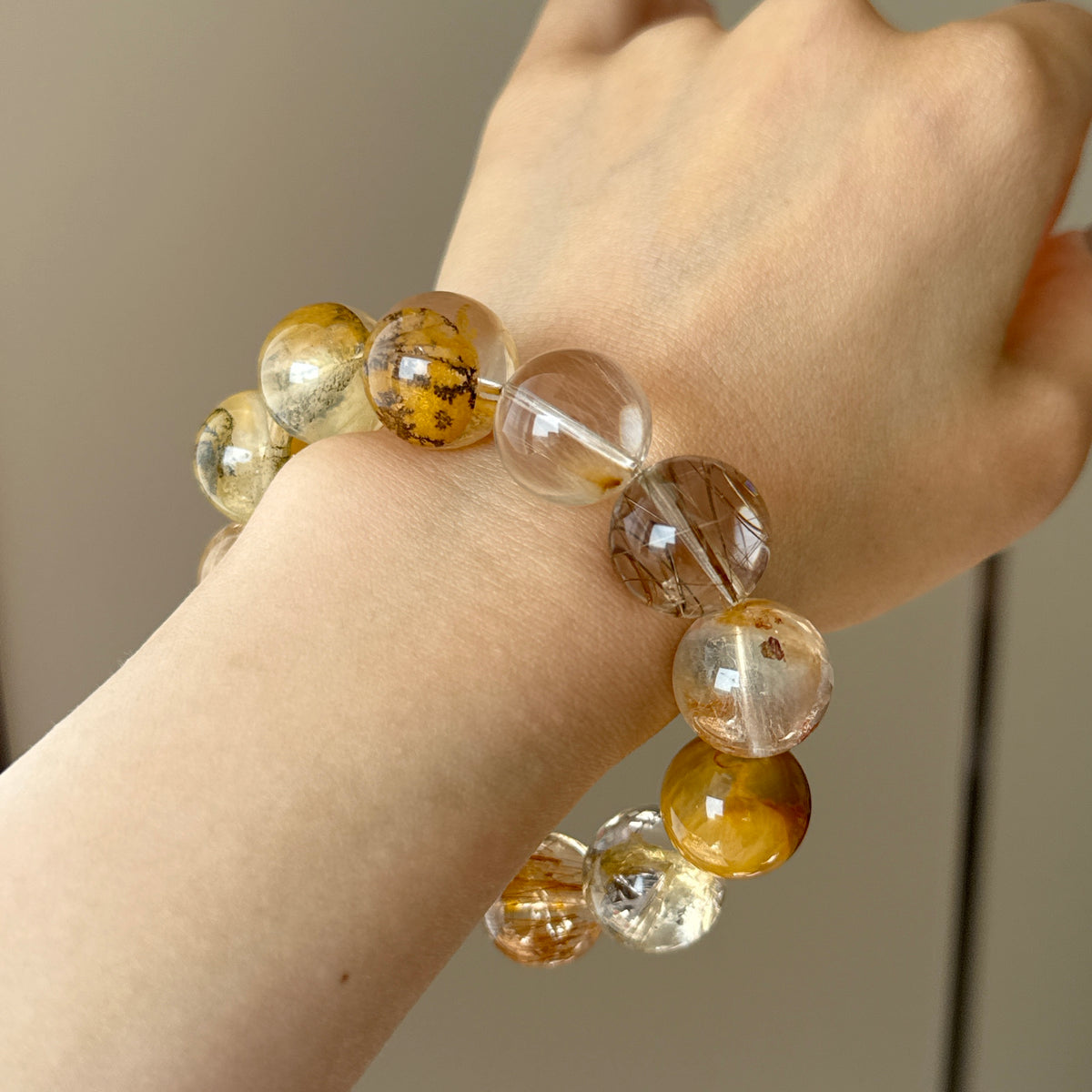 Tree Flower Agate, Golden Rutilated Quartz & Rabbit Hair Quartz Crystal Bracelet — soft radiance, One of a Kind