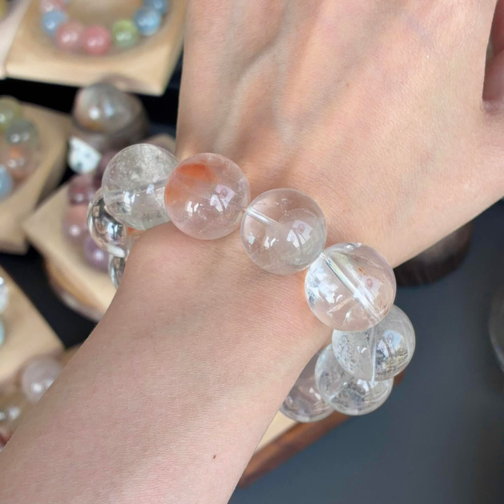 White Snowflake Phantom Quartz, Pink Phantom Quartz & Rabbit Hair Quartz Crystal Bracelet — quiet warmth, One of a Kind