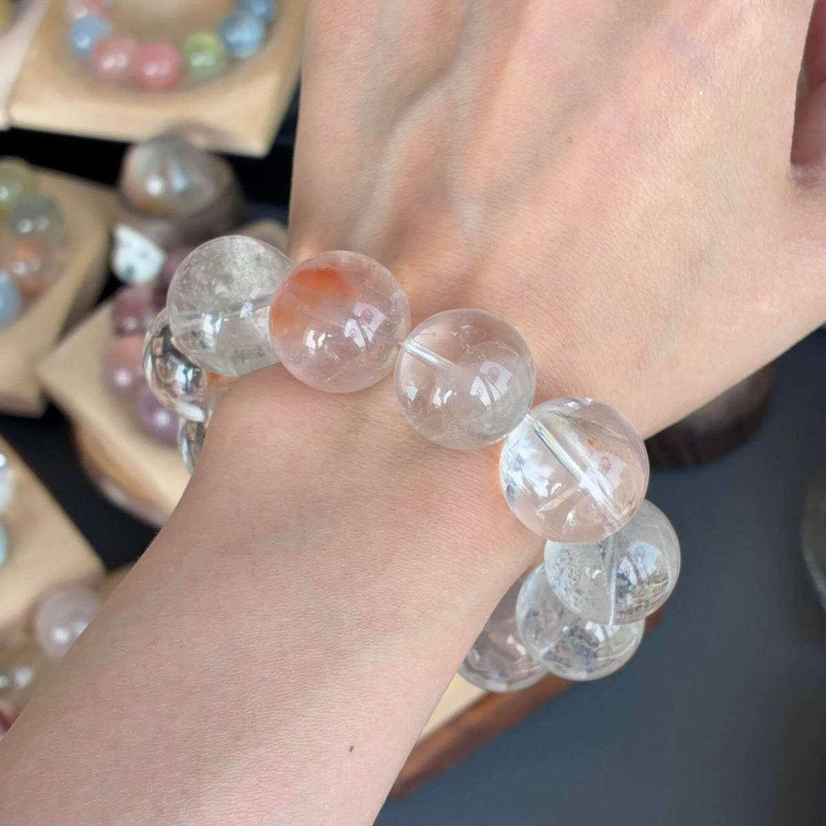 White Snowflake Phantom Quartz, Pink Phantom Quartz & Rabbit Hair Quartz Crystal Bracelet — quiet warmth, One of a Kind