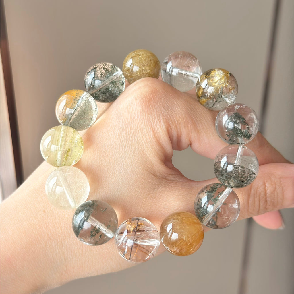 Golden Rutilated Quartz, Yellow Rabbit Hair Quartz & Phantom Quartz Crystal Bracelet — quiet warmth, One of a Kind