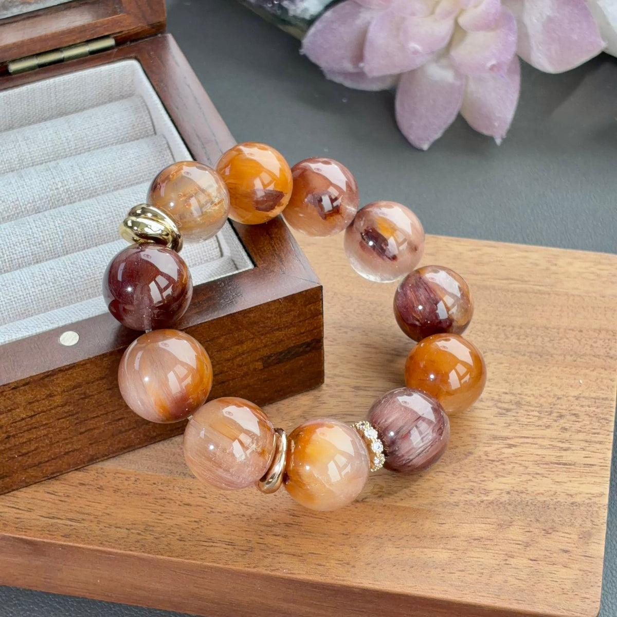 Iridescent Rabbit Hair Quartz & Yellow Rabbit Hair Quartz Crystal Bracelet — soft radiance, One of a Kind