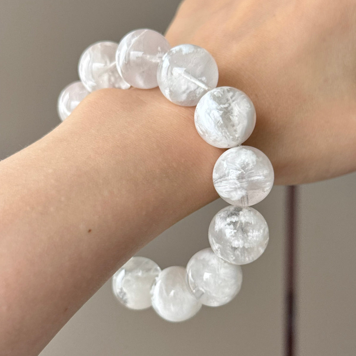 White Snowflake Phantom Quartz & Natural Jade Crystal Bracelet — quiet warmth, One of a Kind