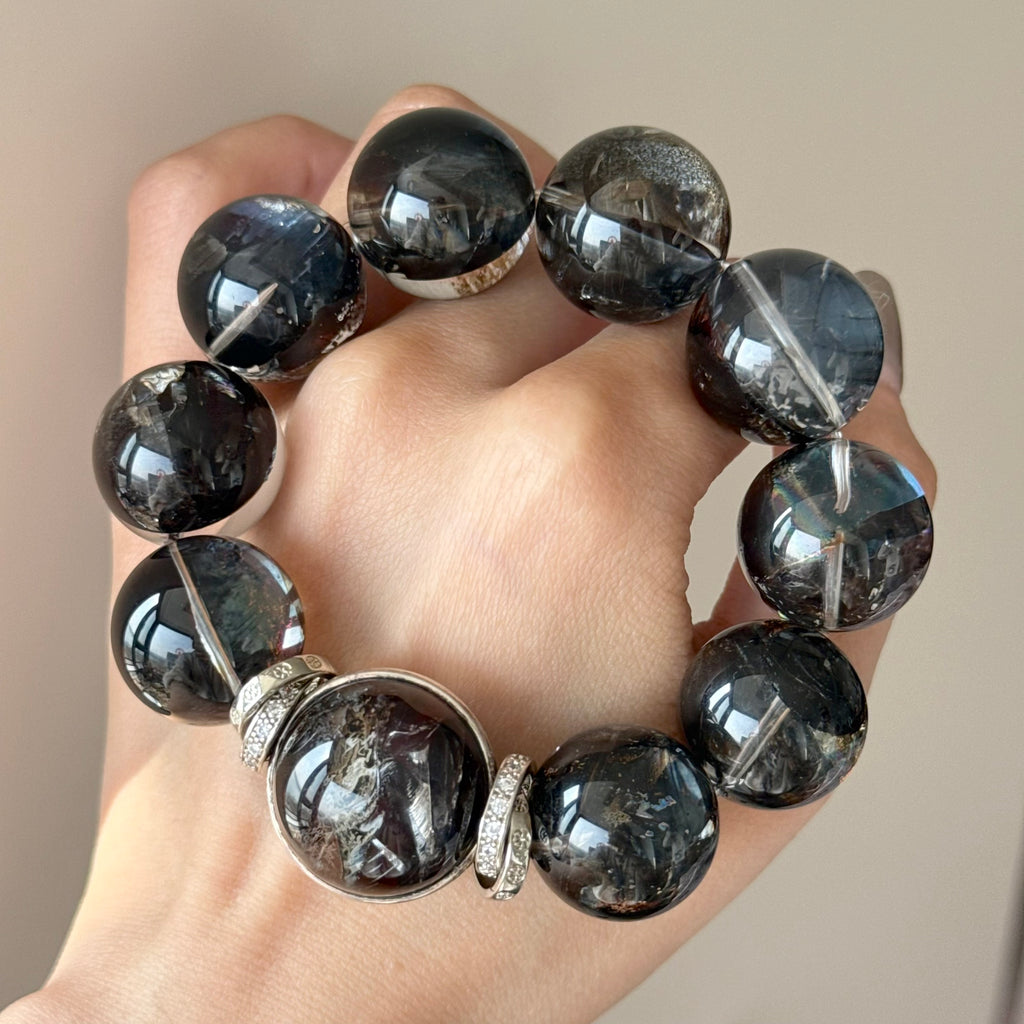 Flower Agate & Natural Jade Crystal Bracelet — natural character, One of a Kind