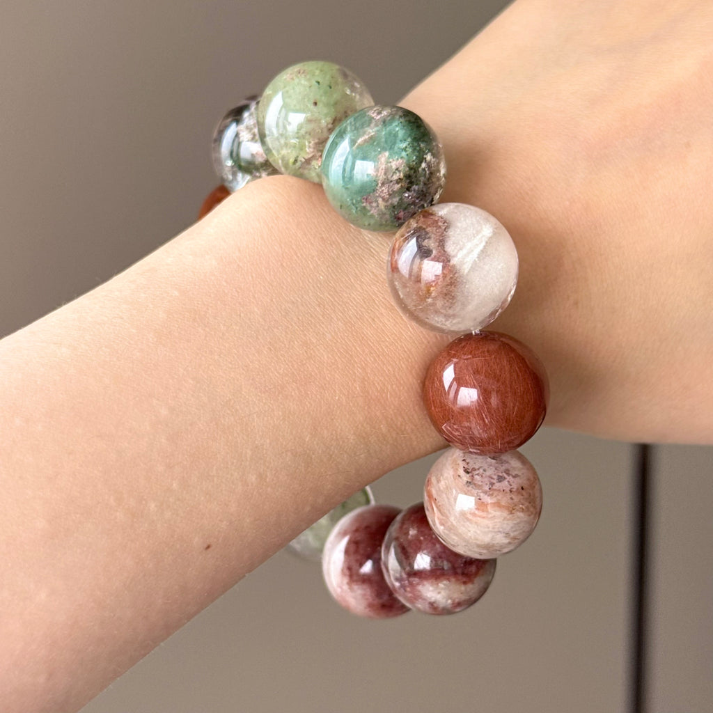 Rabbit Hair Quartz, Phantom Quartz & Jade Crystal Bracelet — quiet warmth, One of a Kind