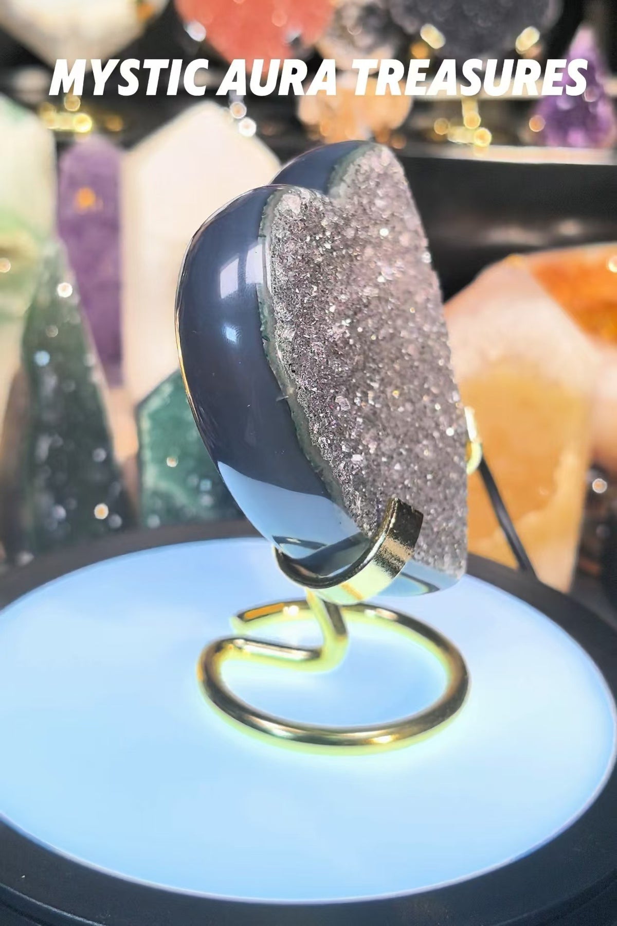 Grey-Green Druzy Heart Crystal with Agate Back, 229.8g