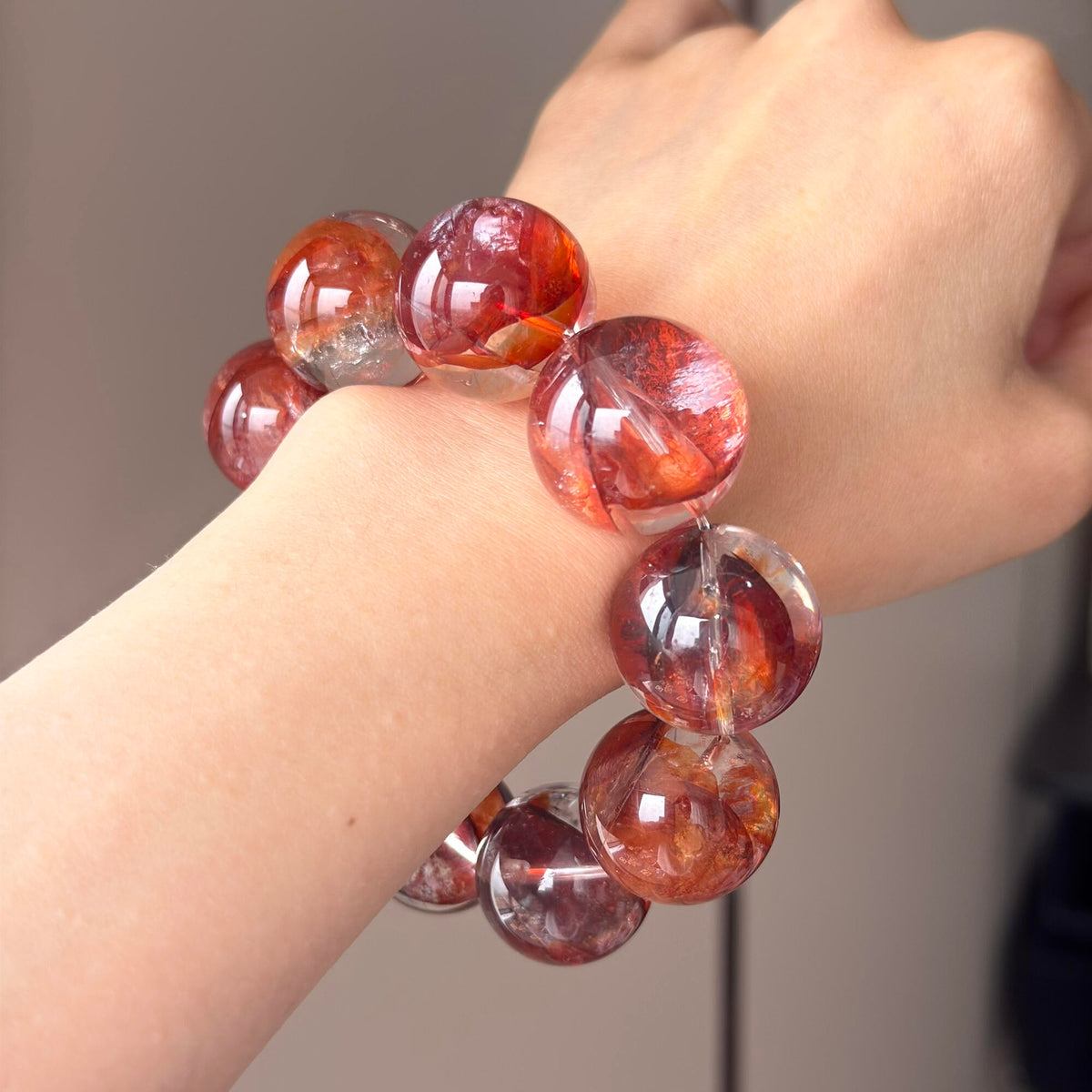 Imperial Red Flower Agate & Natural Jade Crystal Bracelet — quiet warmth, One of a Kind