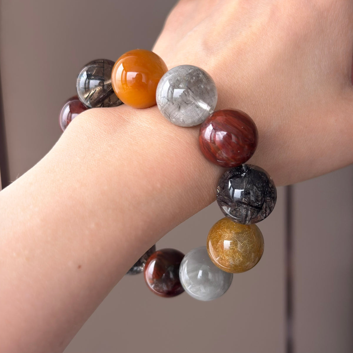 Multicolor Rabbit Hair Quartz & Phantom Quartz Crystal Bracelet — quiet warmth, One of a Kind
