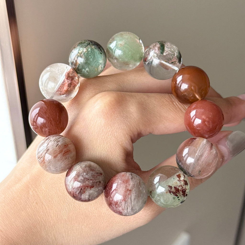 Rabbit Hair Quartz, Phantom Quartz & Jade Crystal Bracelet — quiet warmth, One of a Kind