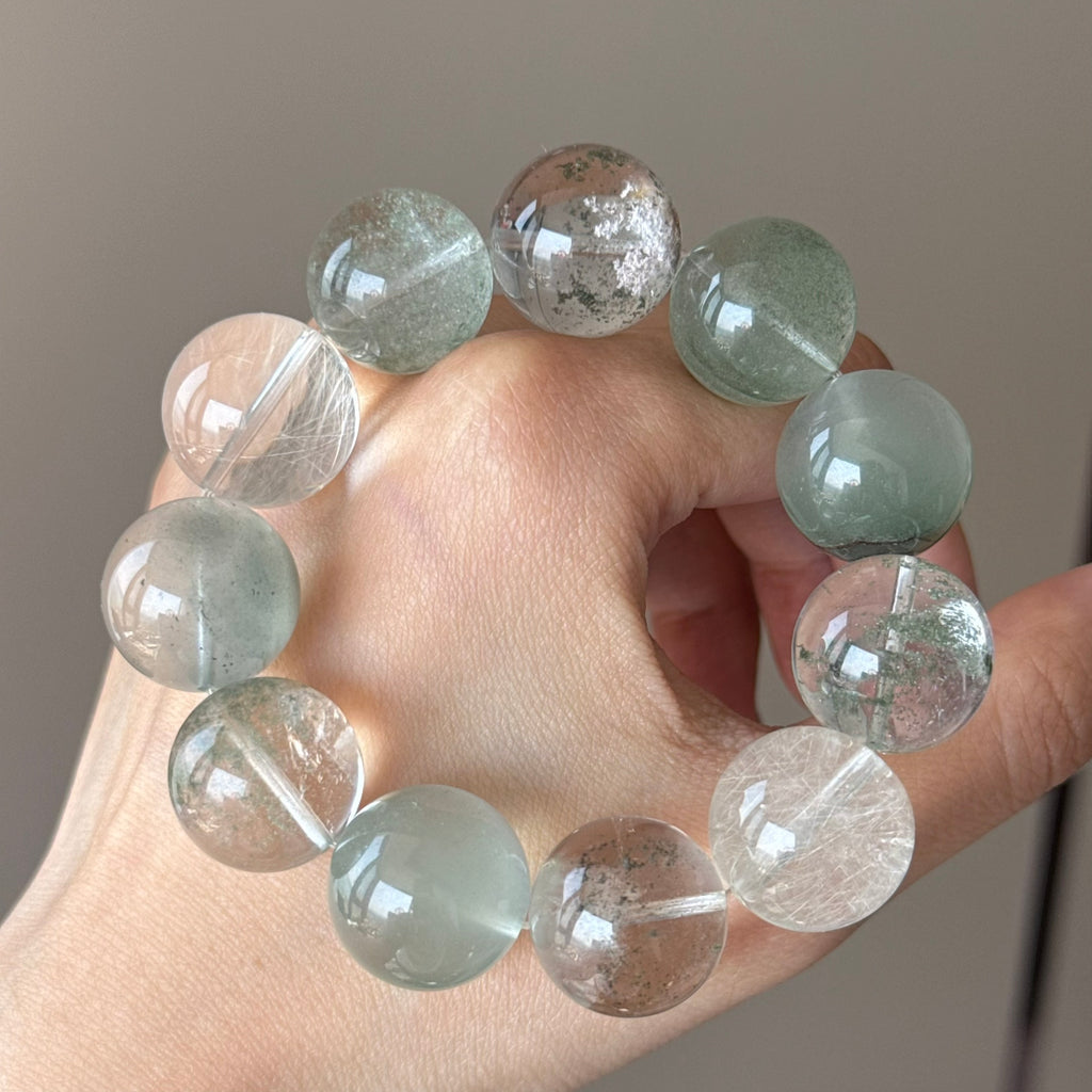 Phantom Quartz, Golden Rutilated Quartz & Rabbit Hair Quartz Crystal Bracelet — quiet warmth, One of a Kind