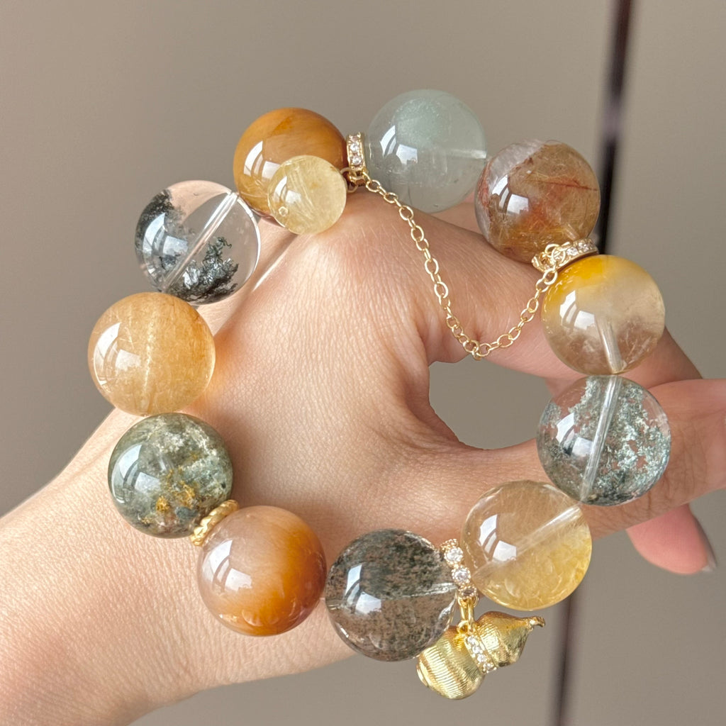 Phantom Quartz, Golden Rutilated Quartz & Yellow Rabbit Hair Quartz Crystal Bracelet — quiet warmth, One of a Kind
