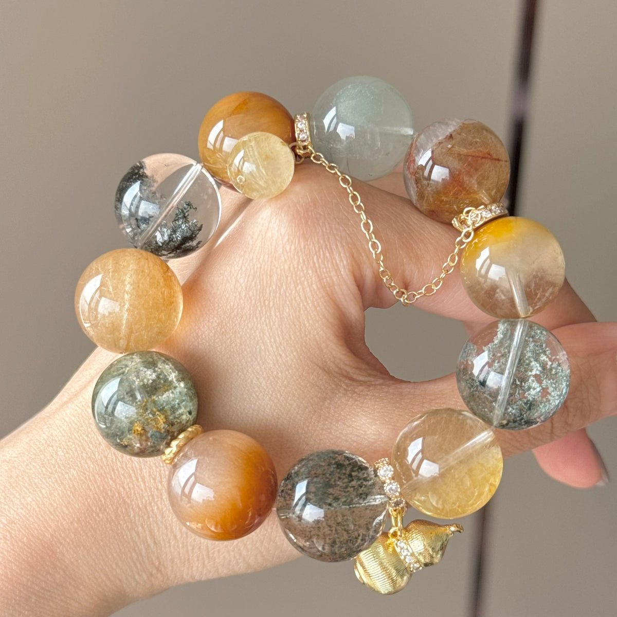 Phantom Quartz, Golden Rutilated Quartz & Yellow Rabbit Hair Quartz Crystal Bracelet — quiet warmth, One of a Kind