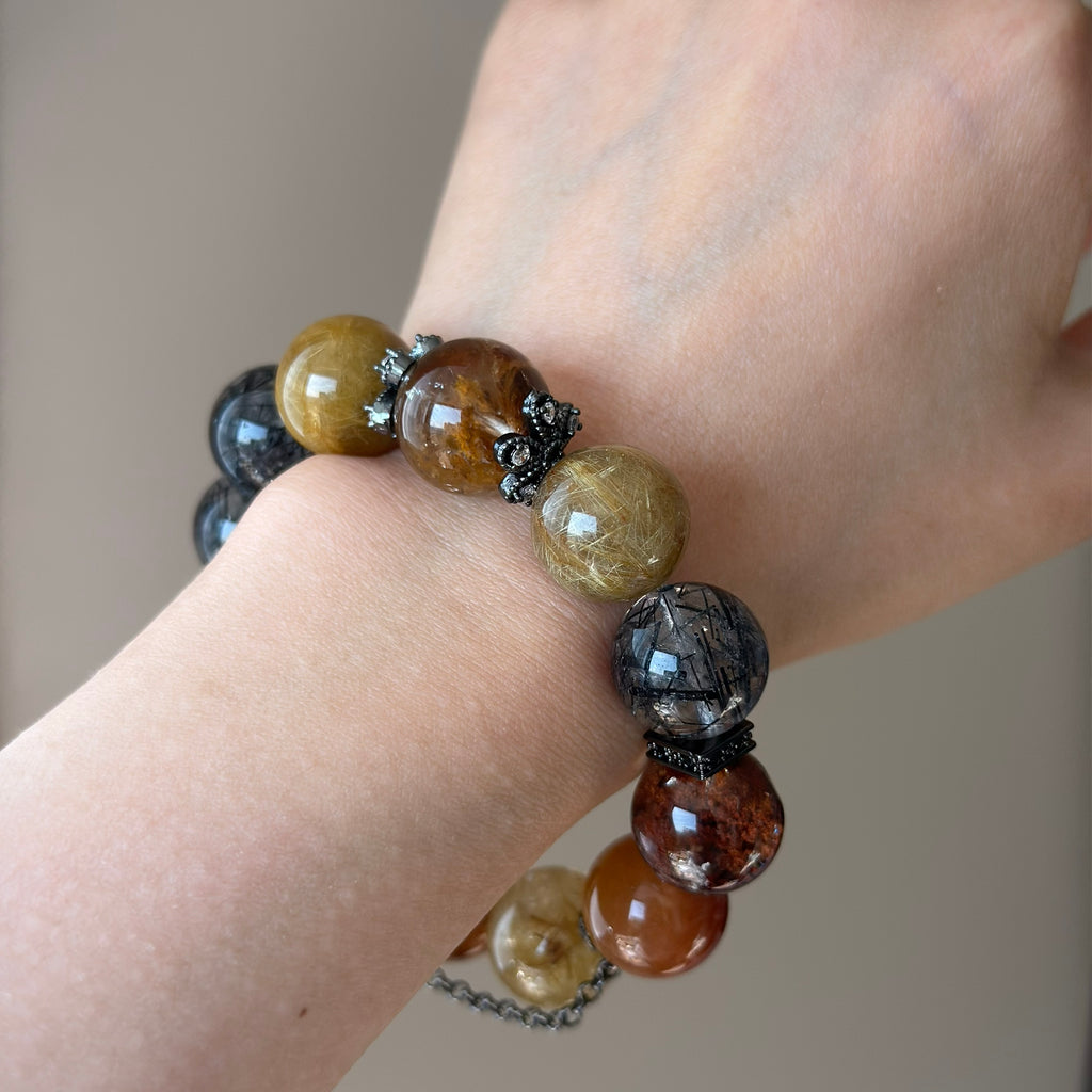 Black Rutilated Quartz, Copper Rutilated Quartz & Phantom Quartz Crystal Bracelet — quiet warmth, One of a Kind
