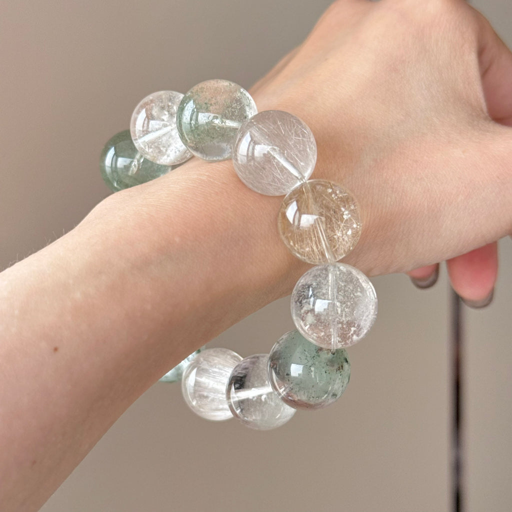 Phantom Quartz & Golden Rutilated Quartz Crystal Bracelet — quiet warmth, One of a Kind