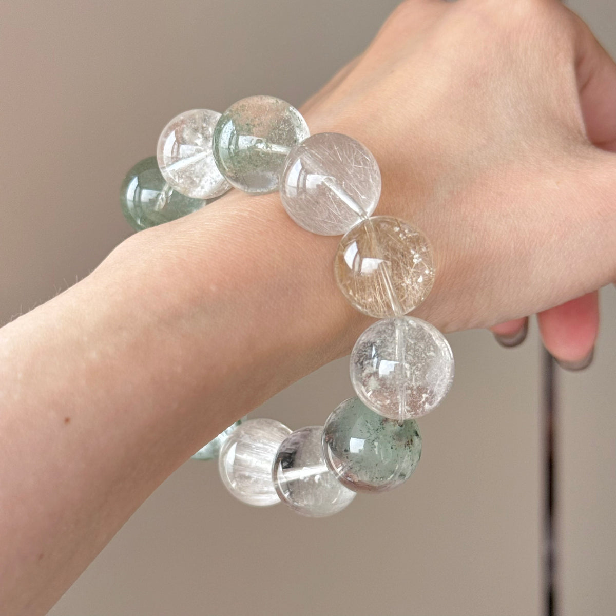 Phantom Quartz & Golden Rutilated Quartz Crystal Bracelet — quiet warmth, One of a Kind