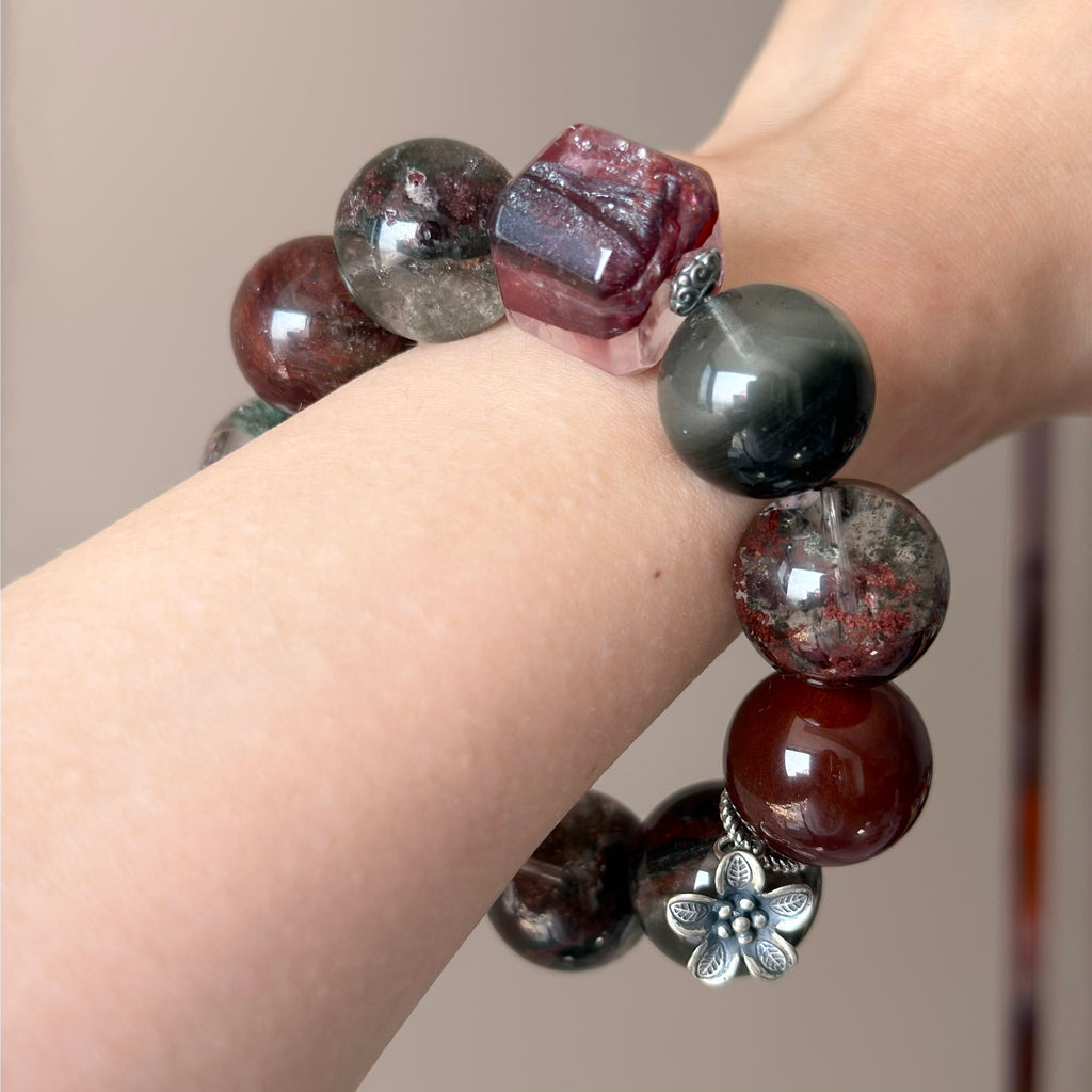 Phantom Quartz & Rabbit Hair Quartz Crystal Bracelet — quiet warmth, One of a Kind
