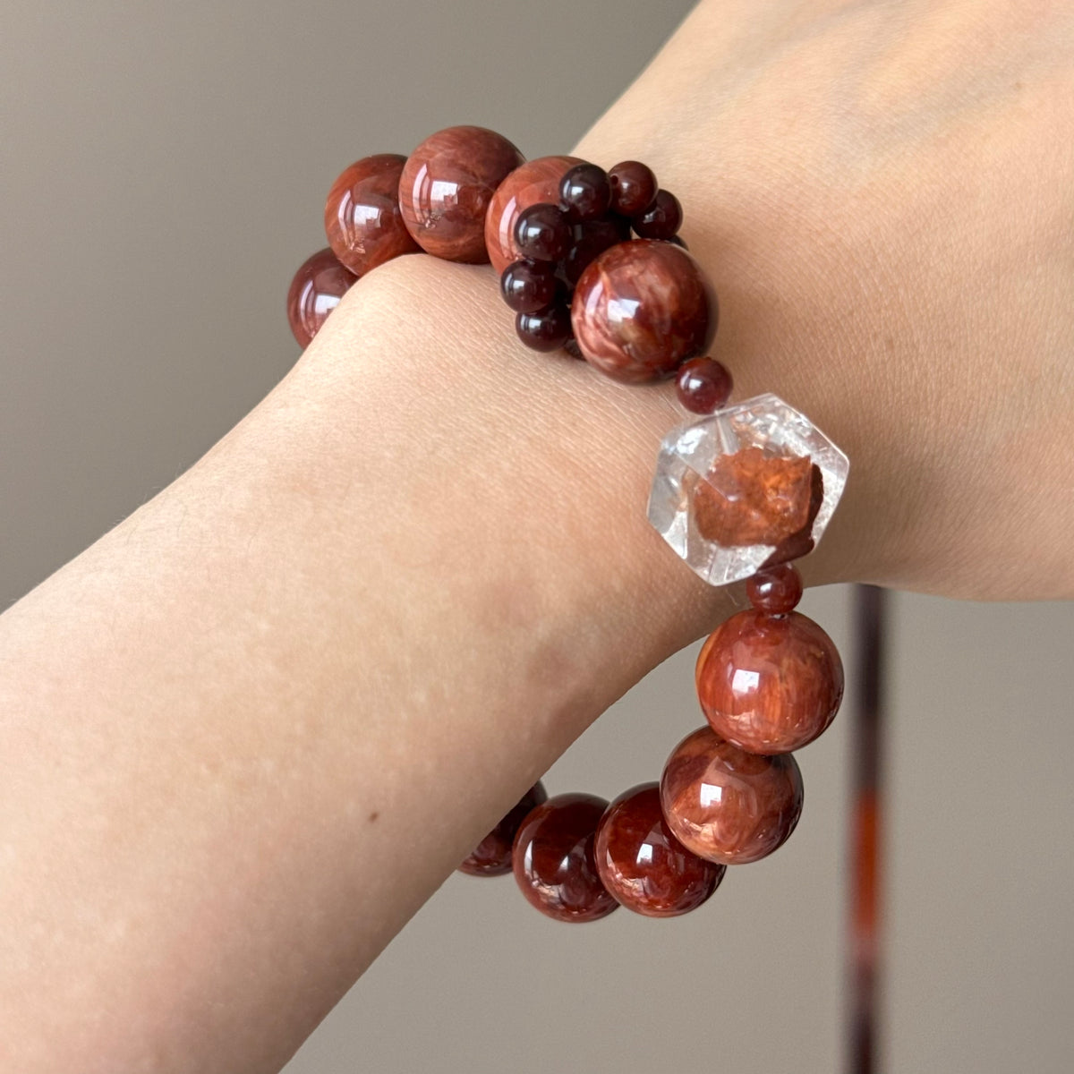 Rabbit Hair Quartz & Red Flower Agate Crystal Bracelet — quiet warmth, One of a Kind