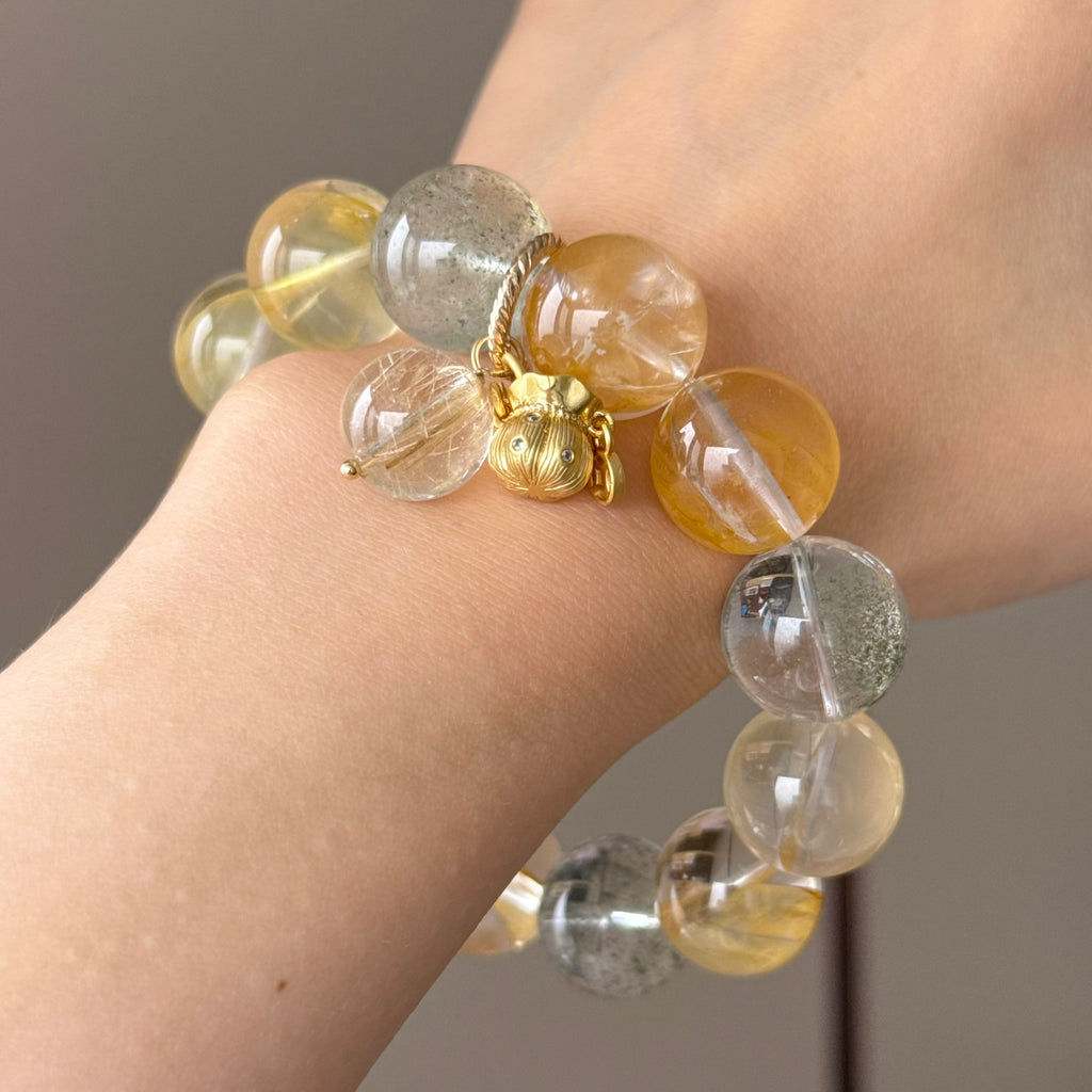 Tree Flower Agate, Yellow Flower Agate & Phantom Quartz Crystal Bracelet — quiet warmth, One of a Kind
