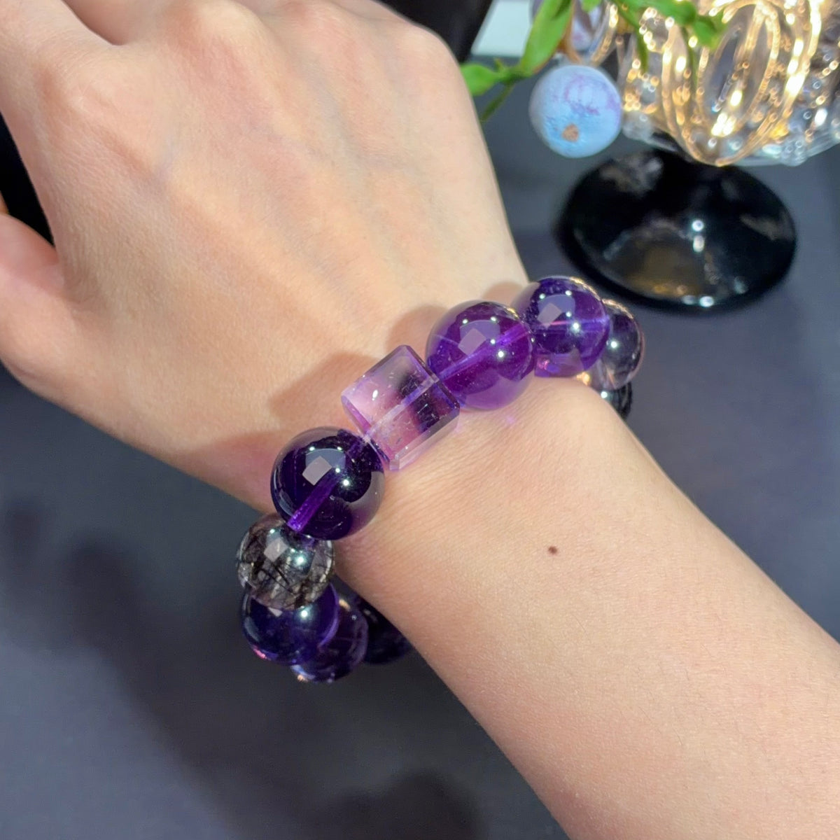 Super Seven, Brazilian Amethyst & Black Rutilated Quartz Crystal Bracelet — gentle glow, One of a Kind