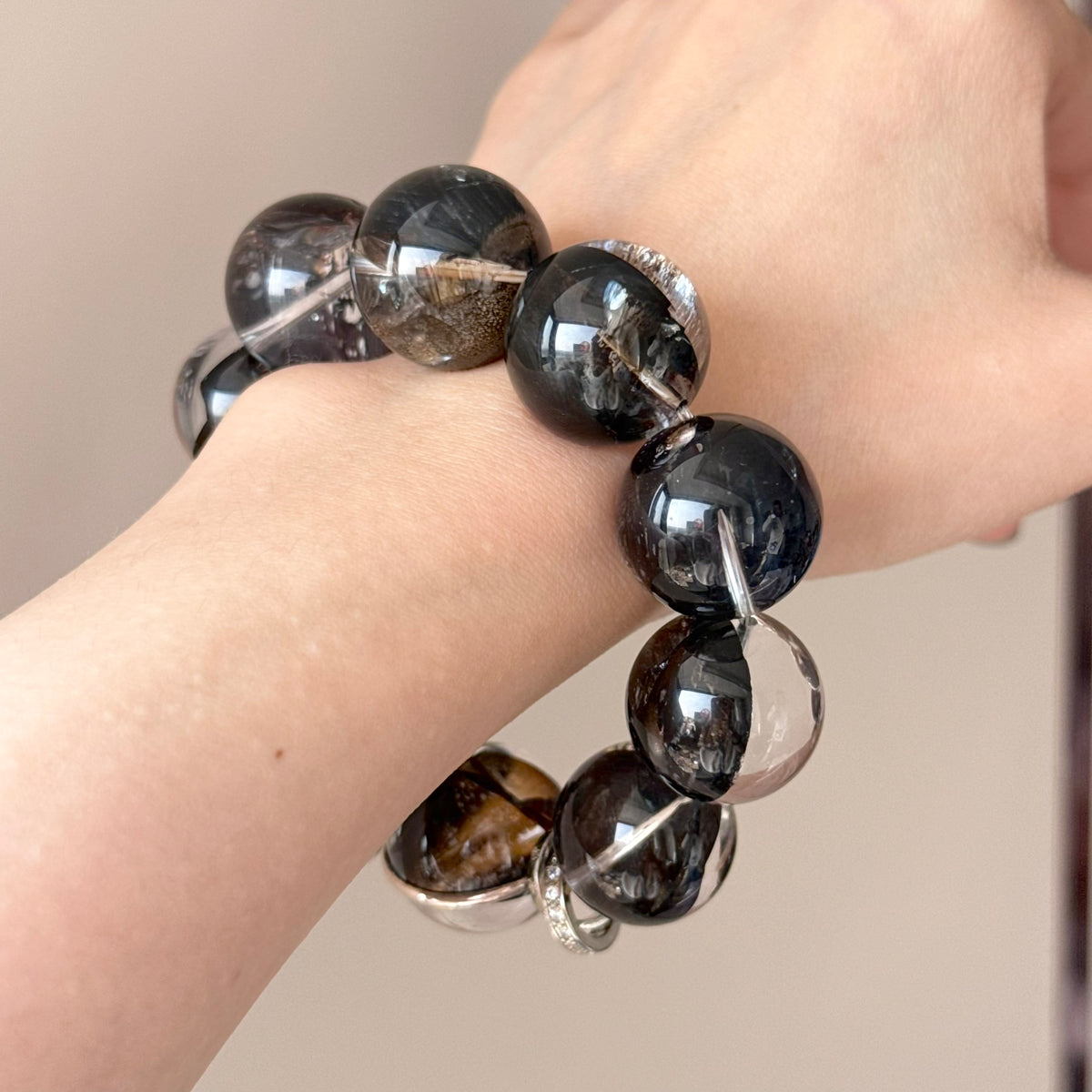 Flower Agate & Natural Jade Crystal Bracelet — natural character, One of a Kind