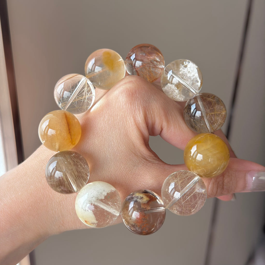Golden Rutilated Quartz, Yellow Rabbit Hair Quartz & Phantom Quartz Crystal Bracelet — quiet warmth, One of a Kind