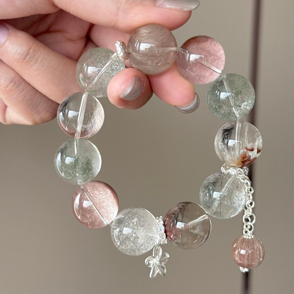 Rabbit Hair Quartz & Phantom Quartz Crystal Bracelet — quiet warmth, One of a Kind