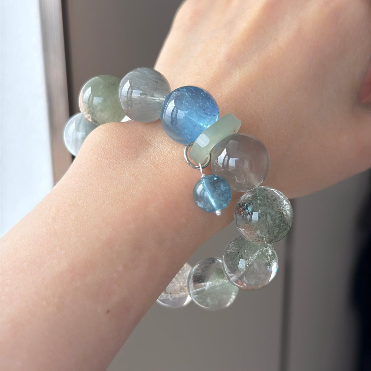 Tree Flower Agate & Phantom Quartz Crystal Bracelet — quiet warmth, One of a Kind