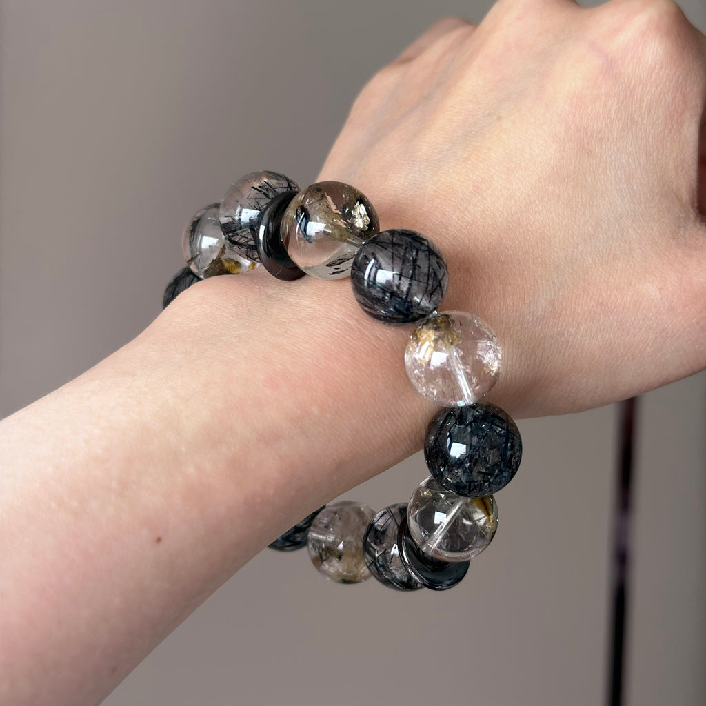 Black-Gold Auralite & Black Rutilated Quartz Crystal Bracelet — natural character, One of a Kind